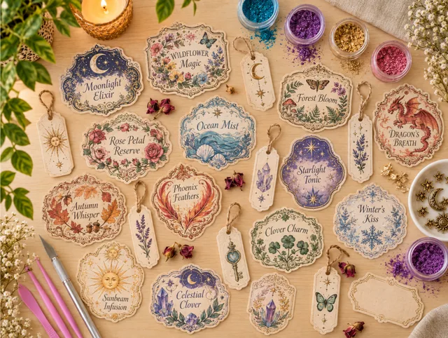 Ornate fantasy potion labels with floral, celestial, and ocean designs