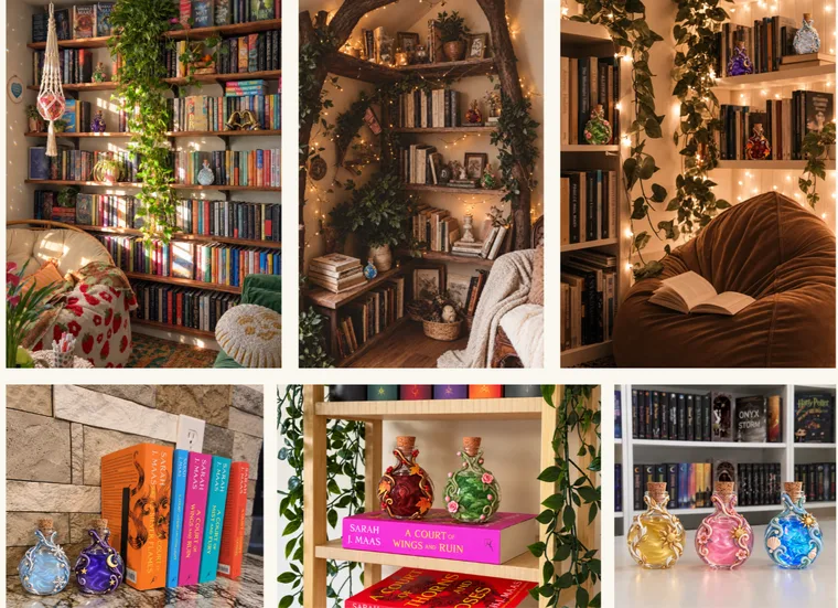 Collage of six cozy bookshelves and reading corners decorated with colorful fantasy potion bottles, plants, and fairy lights