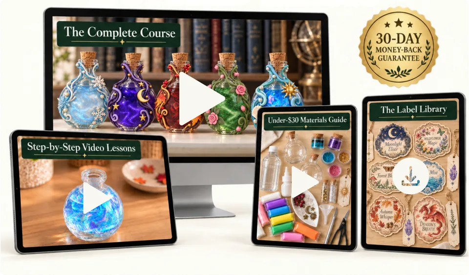 Bottled Magic course bundle with video lessons, materials guide, label library, and 30-day money-back guarantee