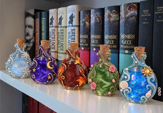Five colorful fantasy potion bottles decorated with clay and shimmer