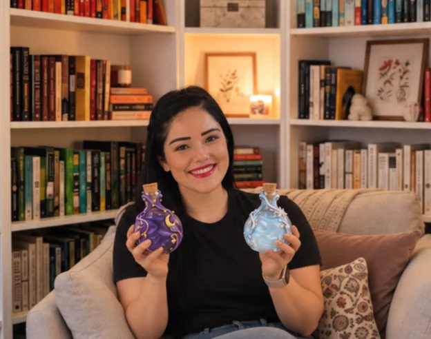 Milica holding two decorated fantasy potion bottles