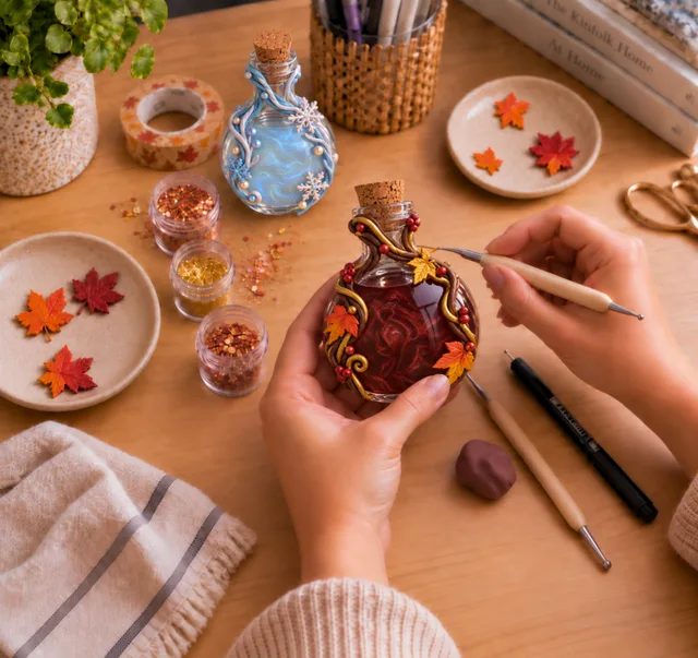 Adding autumn details to an ember potion beside a frosted blue bottle