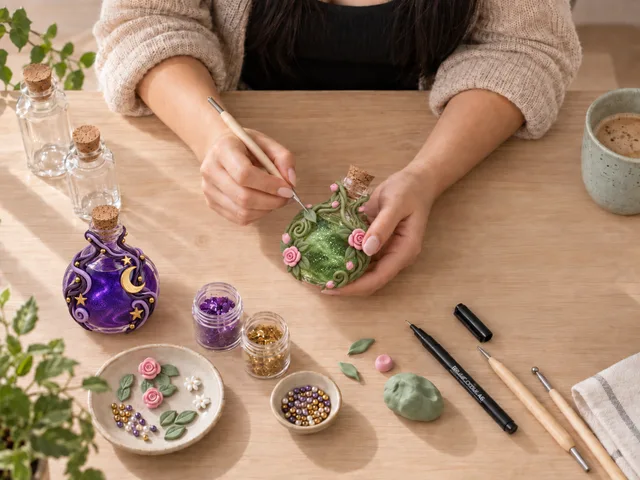Decorating a green rose potion beside a purple celestial bottle