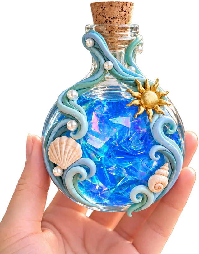 Hand holding a finished blue ocean potion bottle decorated with shells, pearls, flowing vines, and a golden sun