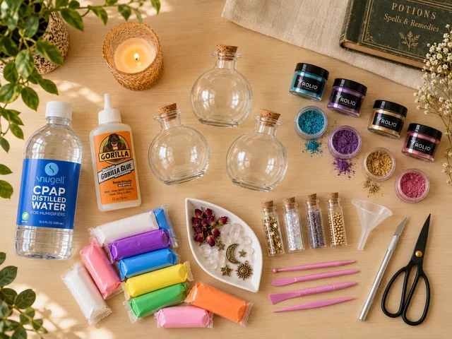 Glass bottles, shimmer powders, clay, charms, and crafting tools