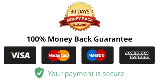 30-day and 100% money-back guarantee, secure payment, and accepted Visa, Mastercard, Maestro, and American Express cards